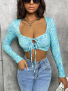 Scoop Neck Marble Print Tie Front Crop Top