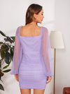 Sweetheart Neck Binding Trim Lantern Sleeve Swiss Dot Bustier Dress