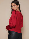 Buttoned Cuff Lantern Sleeve Satin Top