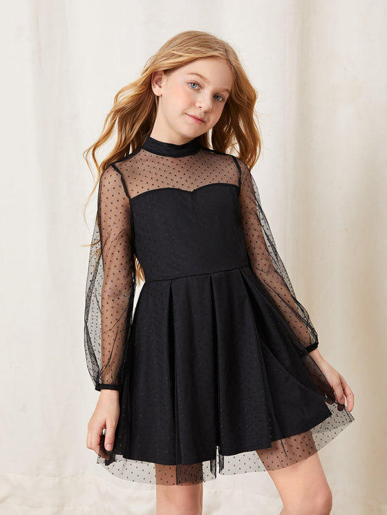 Girls Contrast Dobby Mesh Fold Pleated Hem Keyhole Back Dress Girls Contrast Dobby Mesh Fold Pleated Hem Keyhole Back Dress