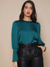 Buttoned Cuff Lantern Sleeve Satin Top