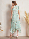 Ruffle Trim One Shoulder Pleated Hanky Hem Belted Floral Dress