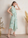 Ruffle Trim One Shoulder Pleated Hanky Hem Belted Floral Dress