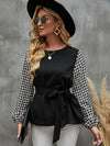 Houndstooth Print Lantern Sleeve Belted Blouse