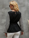 Houndstooth Print Lantern Sleeve Belted Blouse