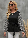 Houndstooth Print Lantern Sleeve Belted Blouse