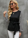Houndstooth Print Lantern Sleeve Belted Blouse