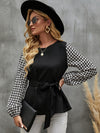 Houndstooth Print Lantern Sleeve Belted Blouse