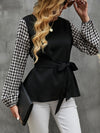 Houndstooth Print Lantern Sleeve Belted Blouse