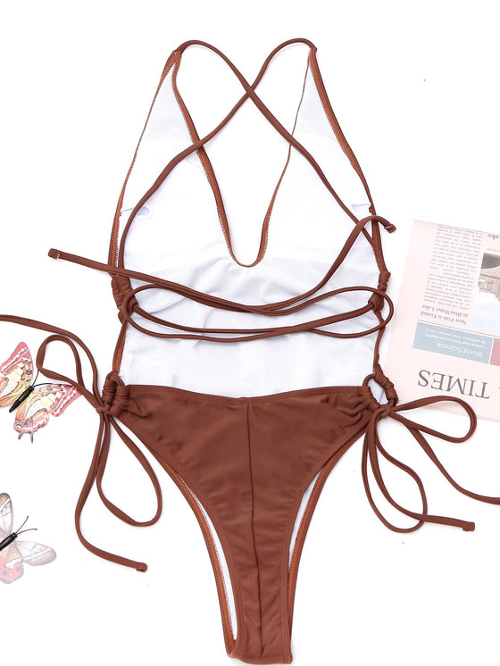 Solid Drawstring One Piece Swimsuit
