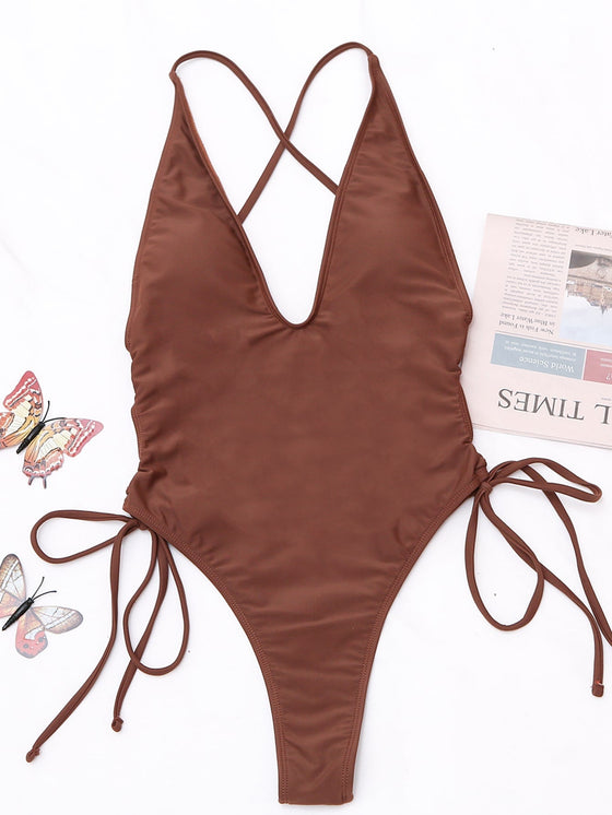 Solid Drawstring One Piece Swimsuit