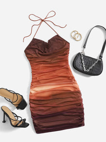  Ombre Backless Tie Back Drape Neck Ruched Mesh Bodycon Dress