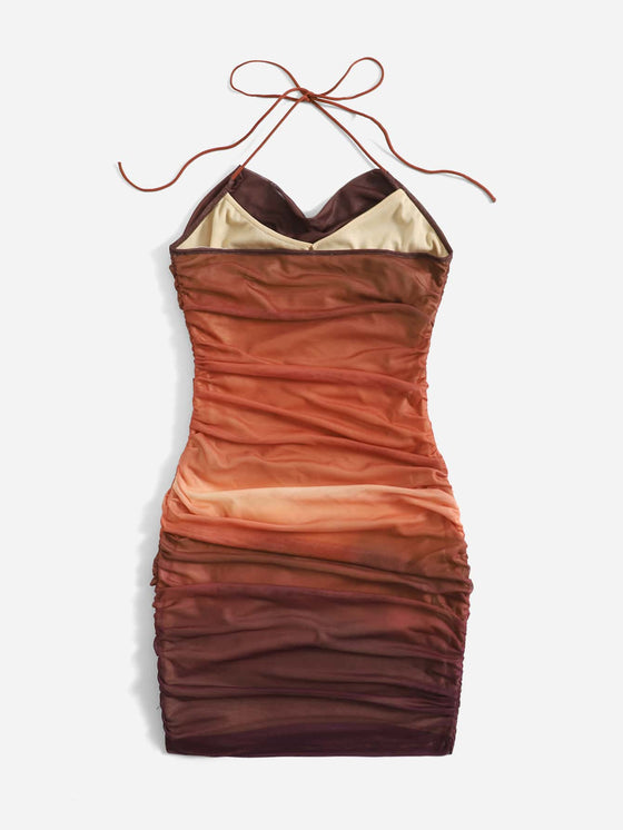 Ombre Backless Tie Back Drape Neck Ruched Mesh Bodycon Dress