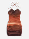 Ombre Backless Tie Back Drape Neck Ruched Mesh Bodycon Dress