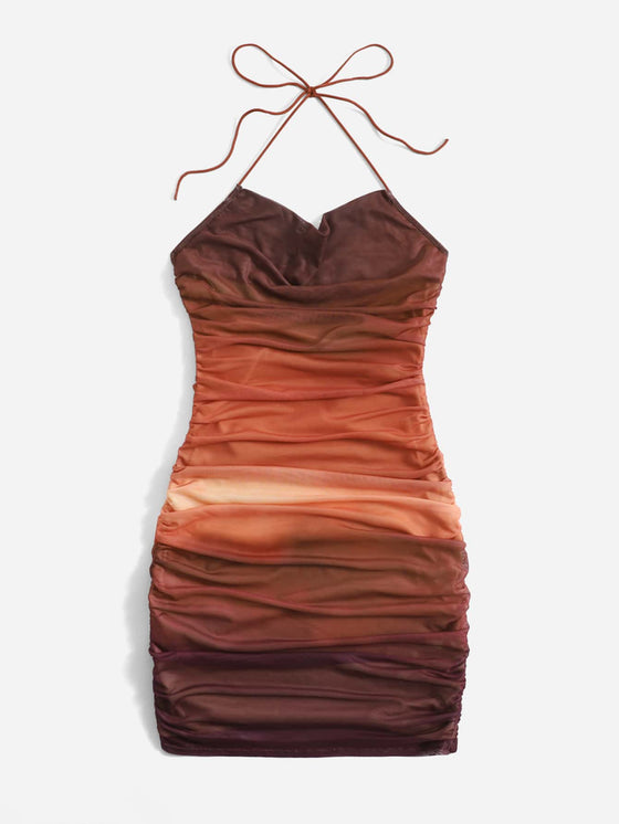 Ombre Backless Tie Back Drape Neck Ruched Mesh Bodycon Dress