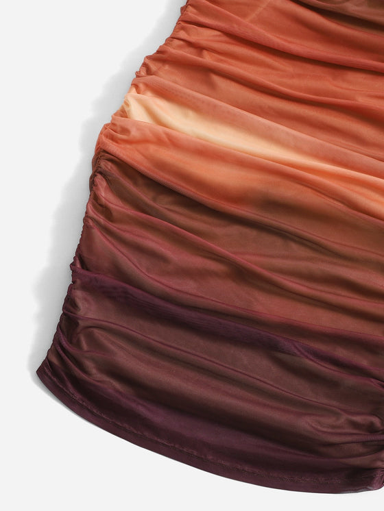 Ombre Backless Tie Back Drape Neck Ruched Mesh Bodycon Dress