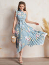 Ruffle Trim One Shoulder Pleated Hanky Hem Belted Floral Dress
