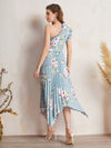 Ruffle Trim One Shoulder Pleated Hanky Hem Belted Floral Dress
