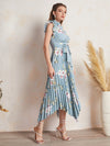 Ruffle Trim One Shoulder Pleated Hanky Hem Belted Floral Dress