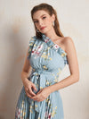 Ruffle Trim One Shoulder Pleated Hanky Hem Belted Floral Dress