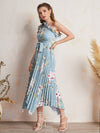 Ruffle Trim One Shoulder Pleated Hanky Hem Belted Floral Dress