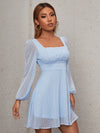 Ruched Bust Lantern Sleeve Swiss Dot Dress
