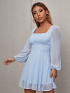 Ruched Bust Lantern Sleeve Swiss Dot Dress