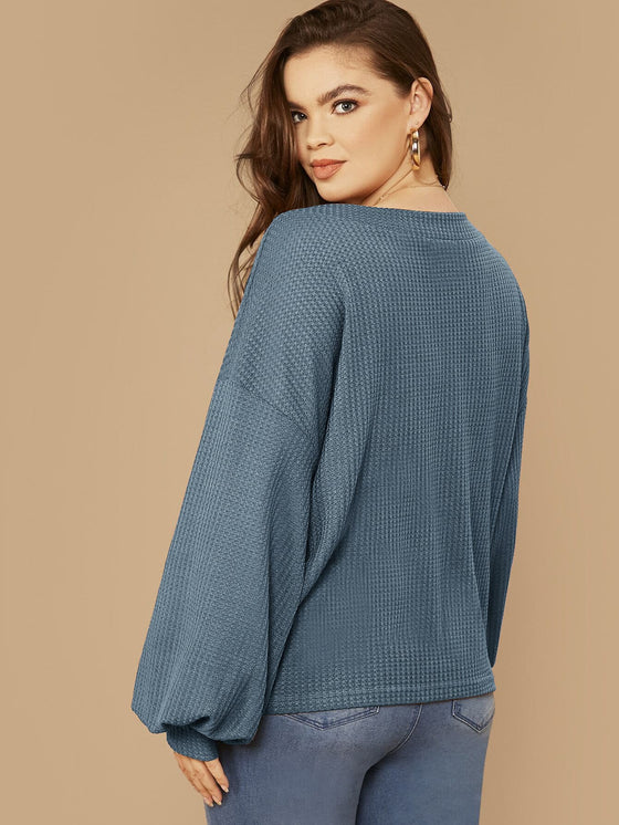 Plus Drop Shoulder Lantern Sleeve Waffle Knit Top
