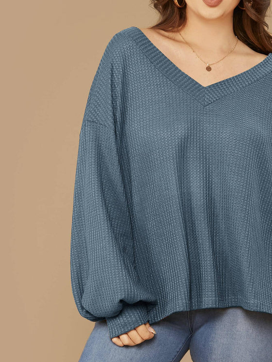 Plus Drop Shoulder Lantern Sleeve Waffle Knit Top