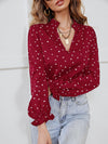 Heart Print Notched Neck Flounce Sleeve Blouse