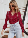 Heart Print Notched Neck Flounce Sleeve Blouse