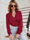 Heart Print Notched Neck Flounce Sleeve Blouse