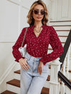 Heart Print Notched Neck Flounce Sleeve Blouse