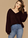 Plus Drop Shoulder Lantern Sleeve Waffle Knit Top