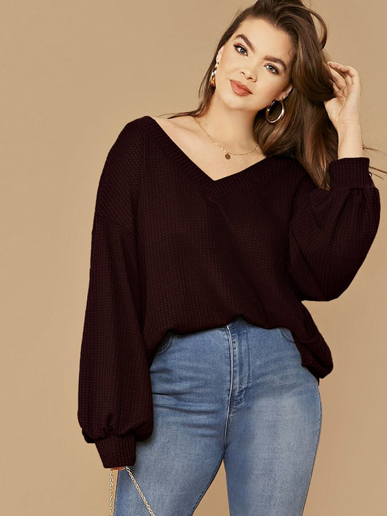 Plus Drop Shoulder Lantern Sleeve Waffle Knit Top