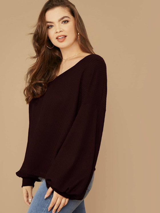 Plus Drop Shoulder Lantern Sleeve Waffle Knit Top