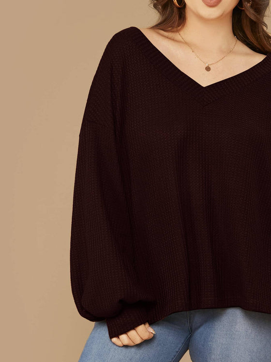 Plus Drop Shoulder Lantern Sleeve Waffle Knit Top