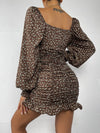 Ditsy Floral Lantern Sleeve Ruched Ruffle Hem Bodycon Dress