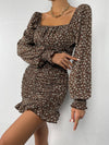 Ditsy Floral Lantern Sleeve Ruched Ruffle Hem Bodycon Dress