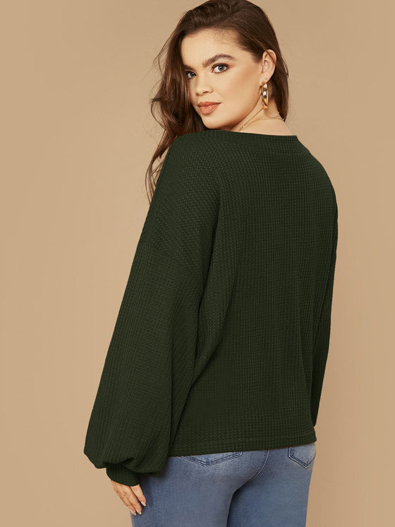Plus Drop Shoulder Lantern Sleeve Waffle Knit Top