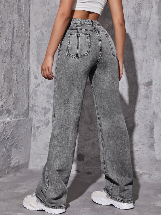 High Waist Ripped Straight Leg Jeans