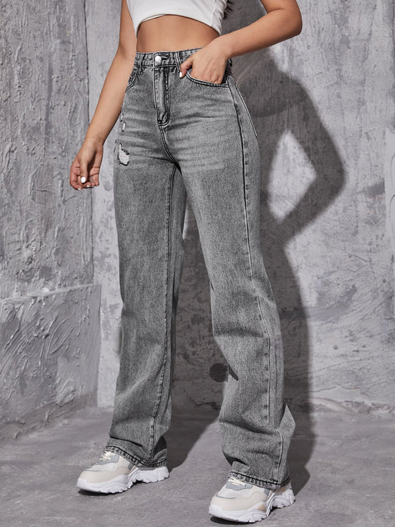 High Waist Ripped Straight Leg Jeans