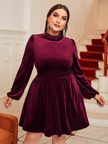 Plus Mock Neck Shirred Waist Lantern Sleeve Velvet Dress