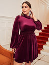 Plus Mock Neck Shirred Waist Lantern Sleeve Velvet Dress