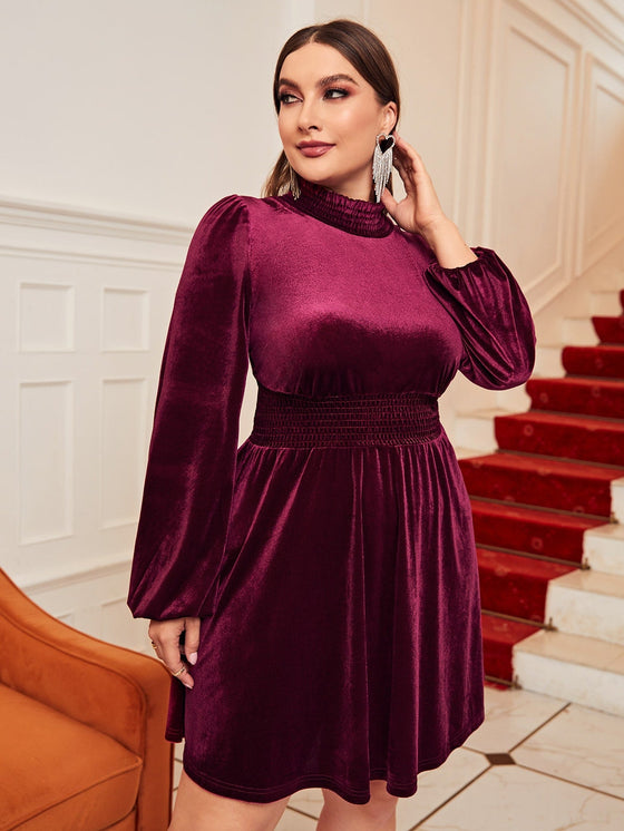 Plus Mock Neck Shirred Waist Lantern Sleeve Velvet Dress