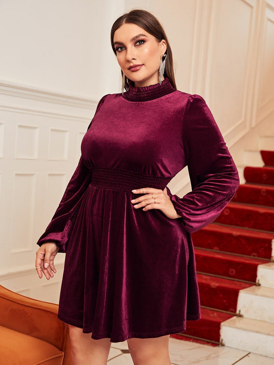 Plus Mock Neck Shirred Waist Lantern Sleeve Velvet Dress