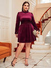 Plus Mock Neck Shirred Waist Lantern Sleeve Velvet Dress