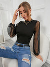 Contrast Mesh Bishop Sleeve Mock Neck Top