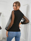Contrast Mesh Bishop Sleeve Mock Neck Top