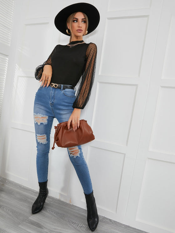 Contrast Mesh Bishop Sleeve Mock Neck Top